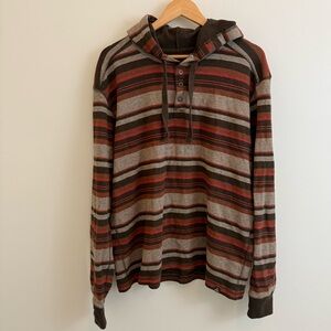 prAna Breathe Men’s L Hoodie Brown Stripes Long Sleeve Pullover Organic Cotton
